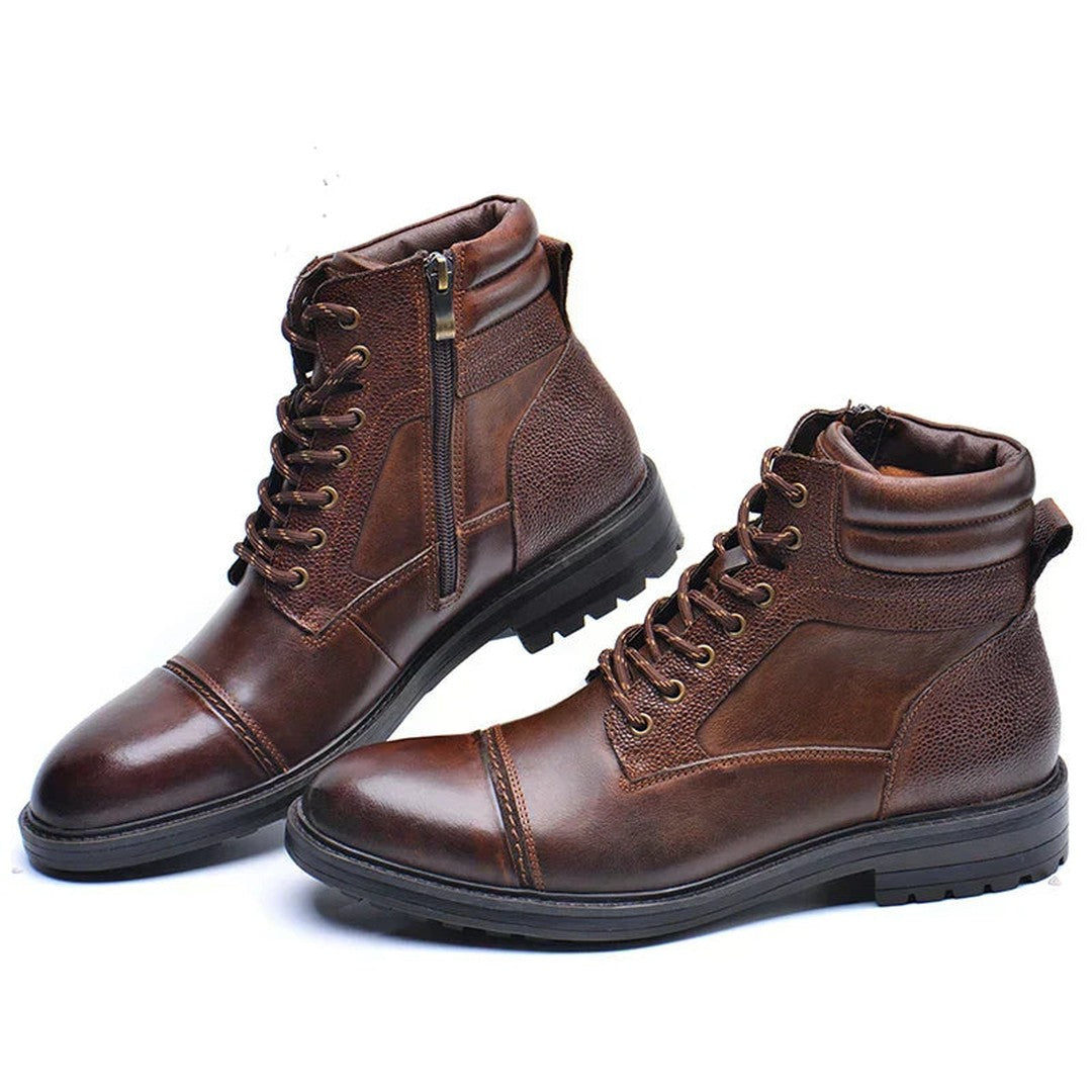 Man wearing the Levi men's casual leather boots in brown, side view