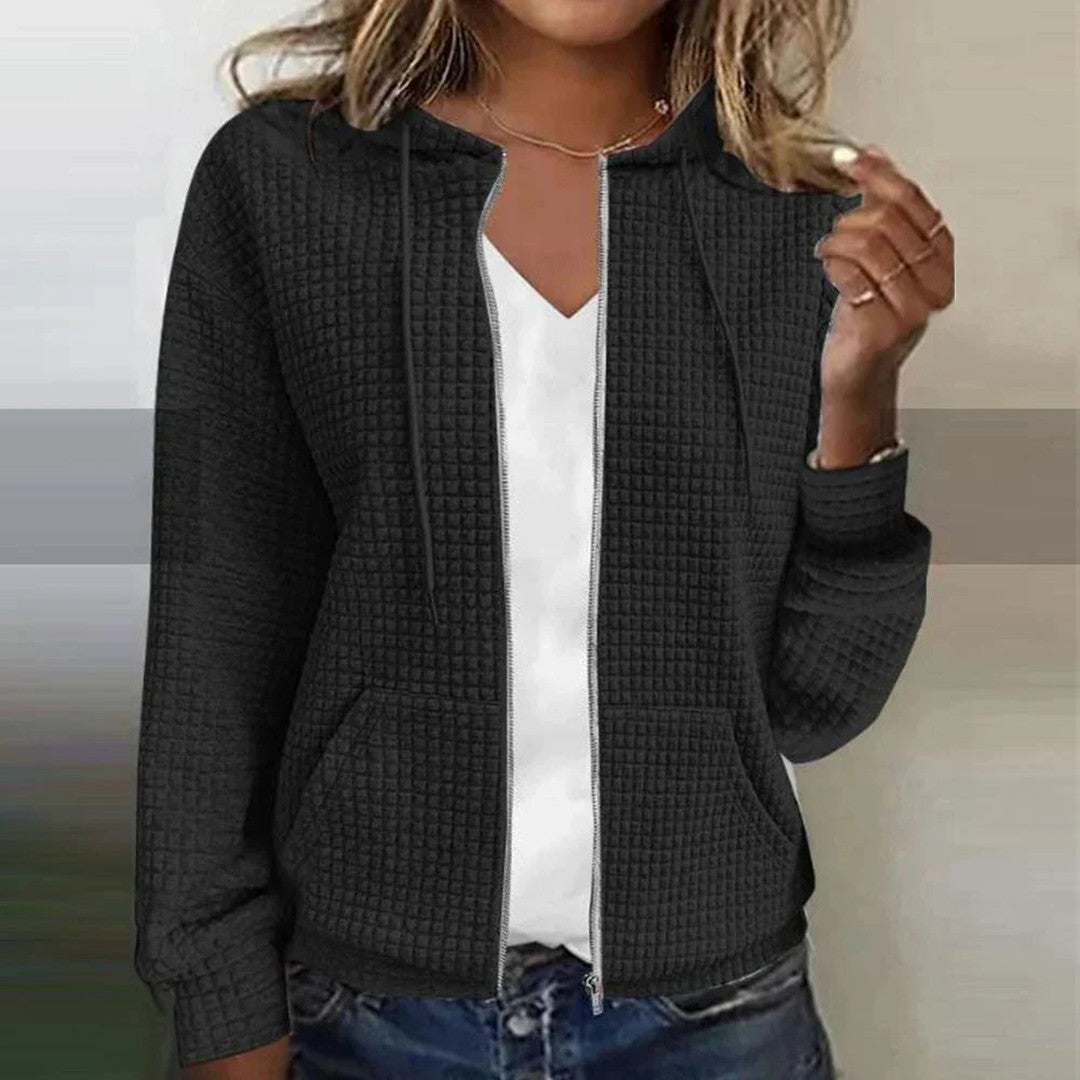 Woman wearing the Lila women's plaid jacket, model view