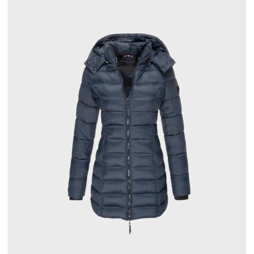 Woman wearing the Linnea women's hooded long-sleeve coat, back view
