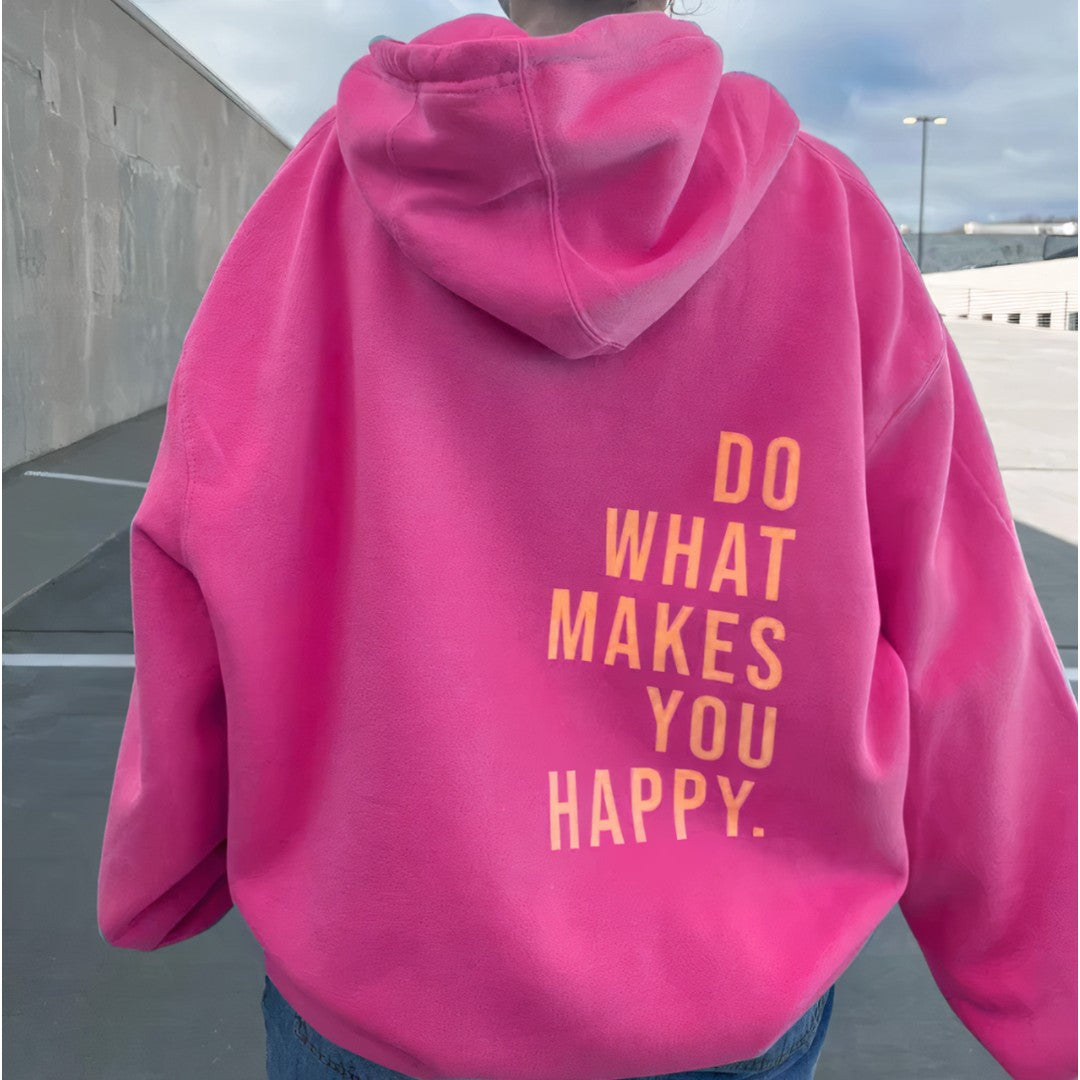 Woman wearing the Livia women's hooded hoodie, side view