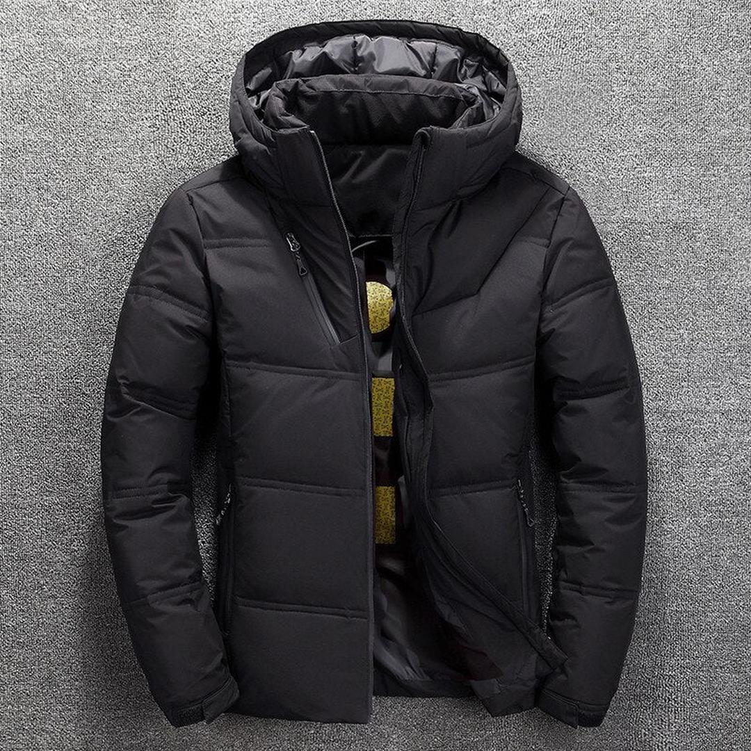 Man wearing the Lorenzo men's hooded jacket, detail view