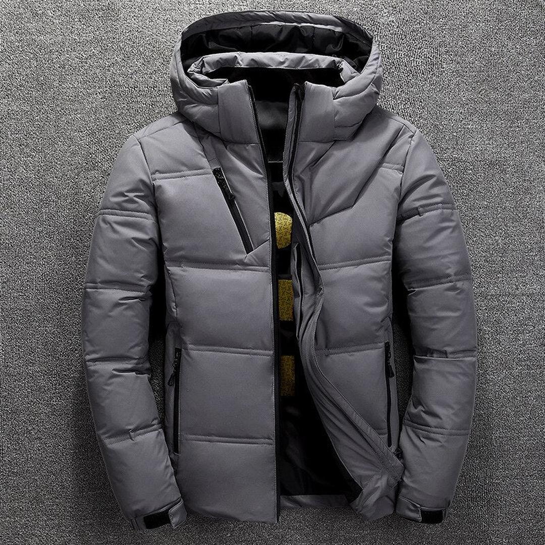 Man wearing the Lorenzo men's hooded jacket, flatlay view