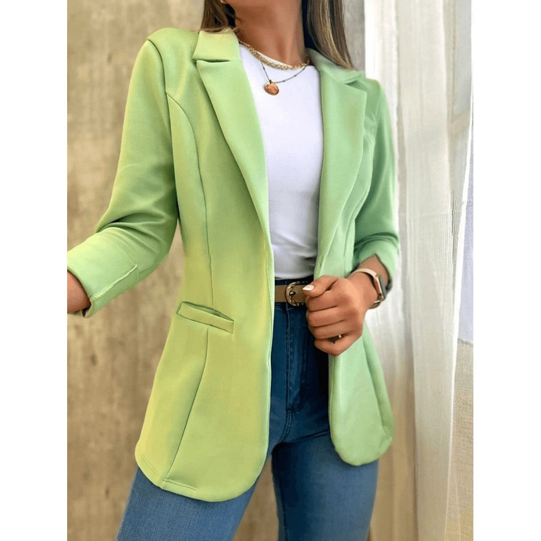 Woman wearing the Louisa women's bodycon pocket detail jacket, back view