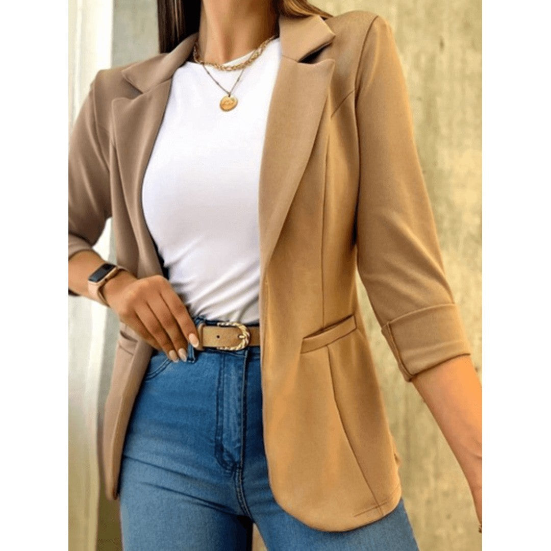 Woman wearing the Louisa women's bodycon pocket detail jacket, model view