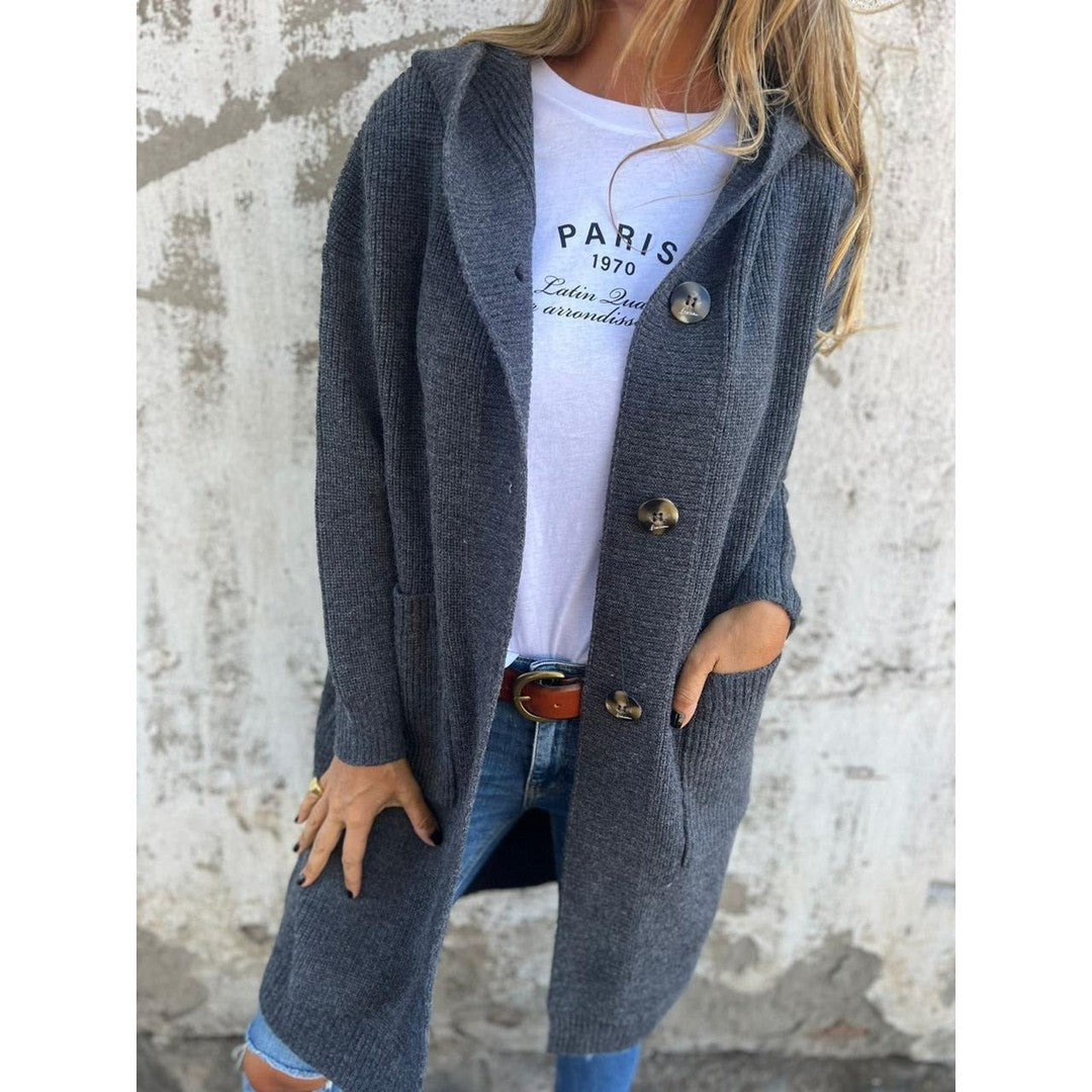 Woman wearing the Lucy women's longline hooded cardigan, detail view