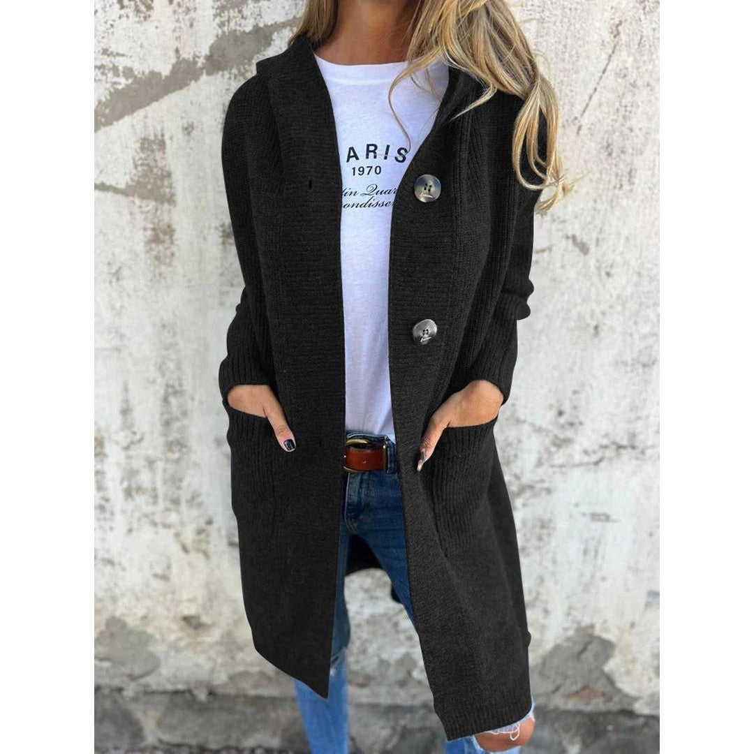 Woman wearing the Lucy women's longline hooded cardigan, model view