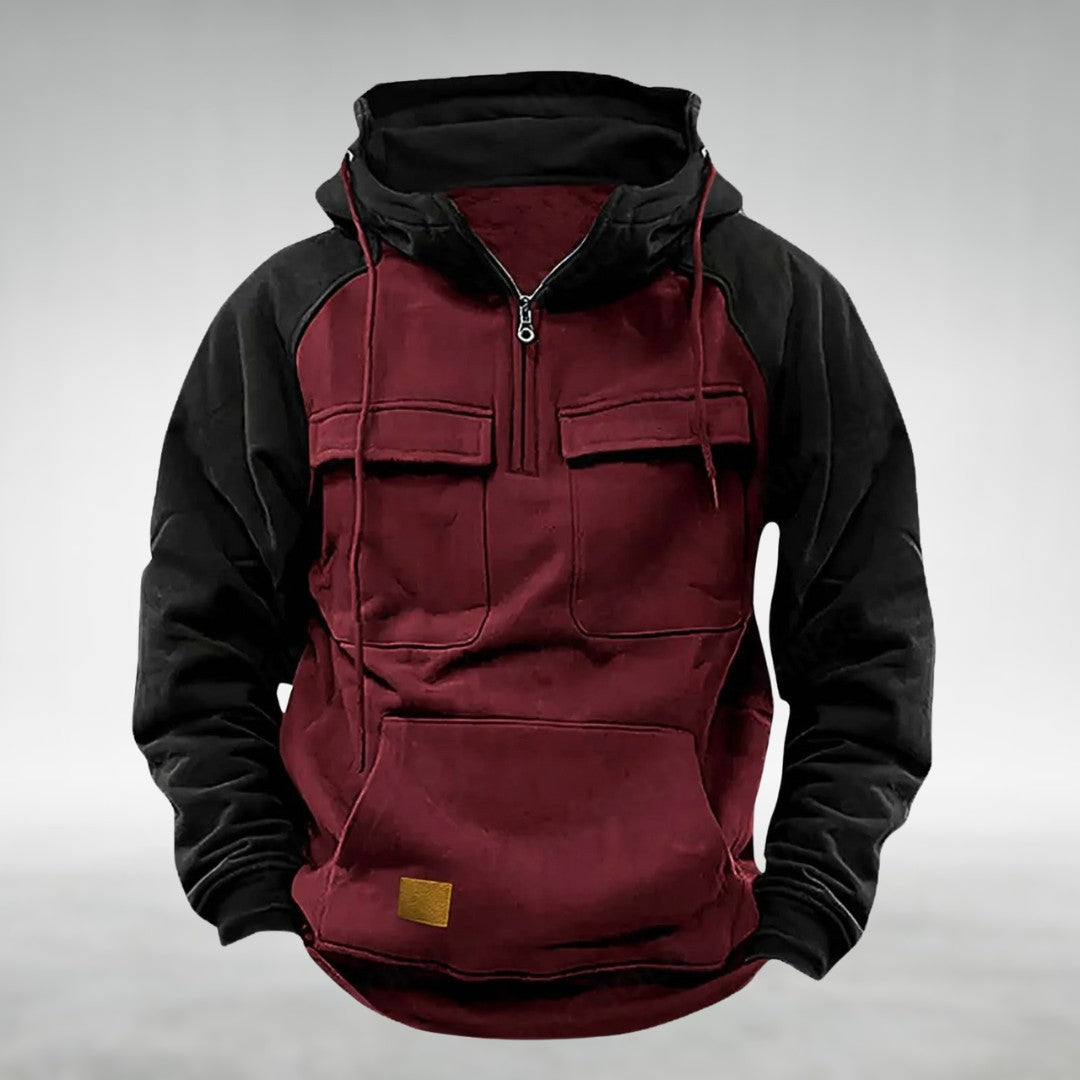 Man wearing the Ludovic men's hoodie, detail view
