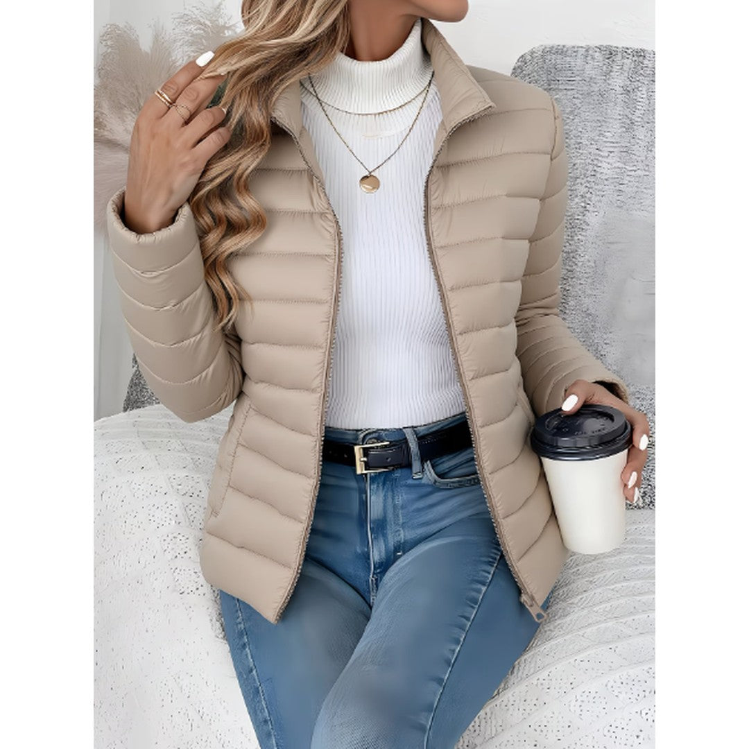 Woman wearing the Luella women's slim-fit jacket, side view