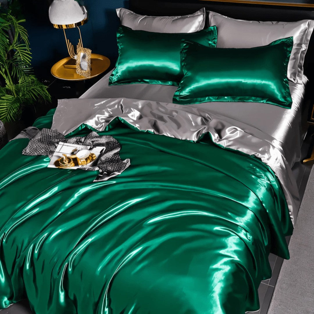 Satin bedding set on a made bed - product photo 9
