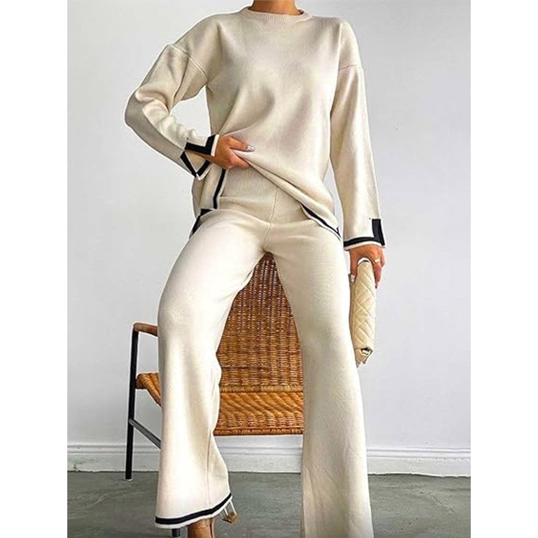 Woman wearing the Mabel women's stretch knit apparel, flatlay view