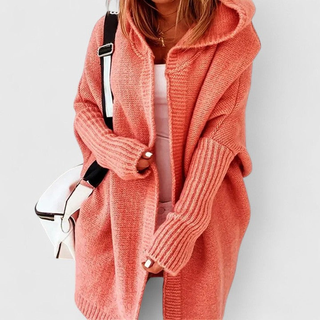 Woman wearing the Madelyn women's cardigan, front view