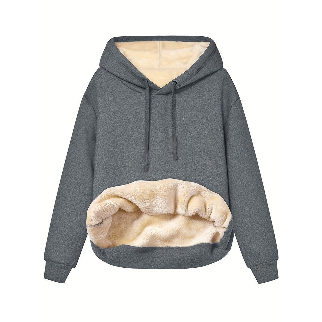 Woman wearing the Maeve women's fleece hoodie, back view