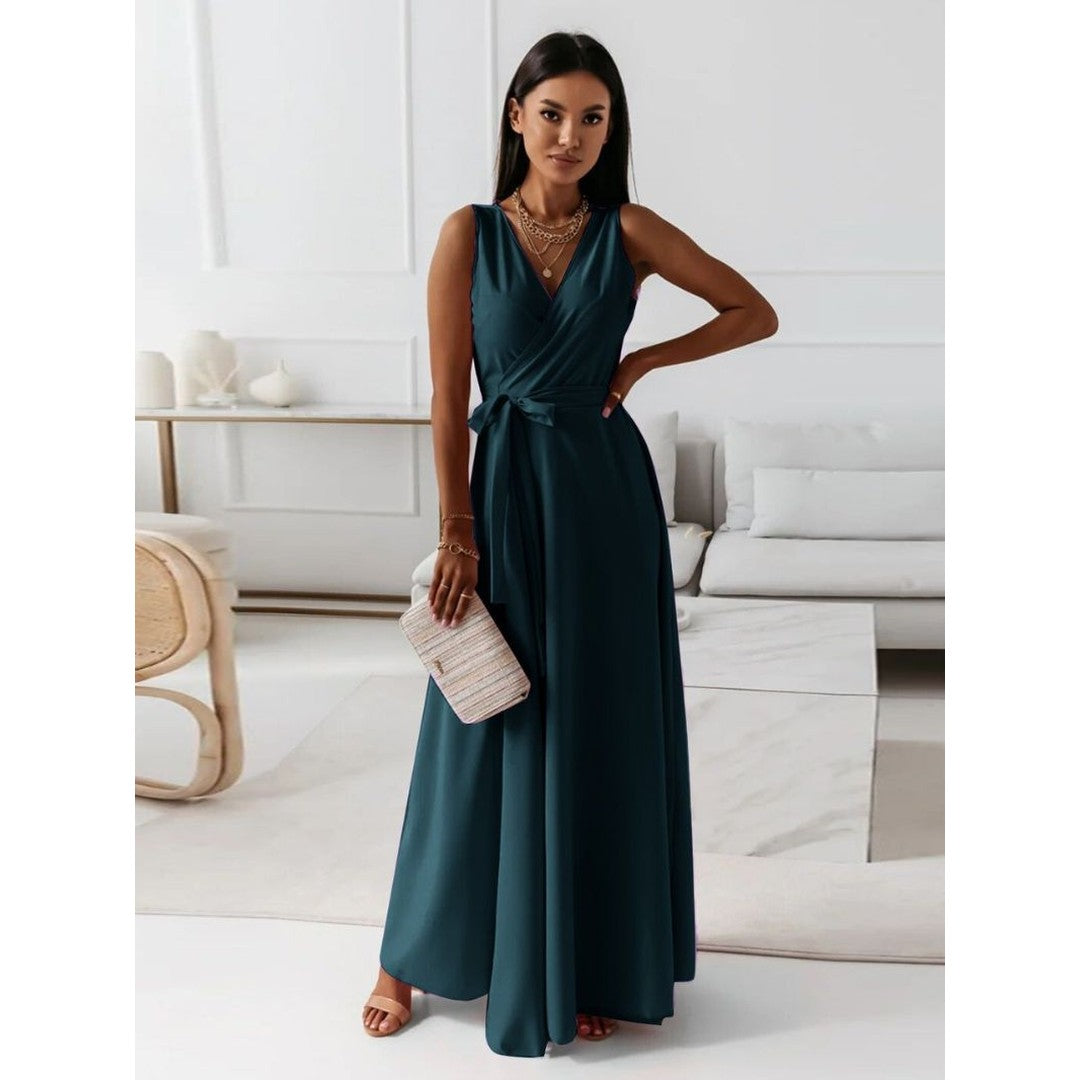 Woman wearing the Maia women's v-neck elegant dress, back view