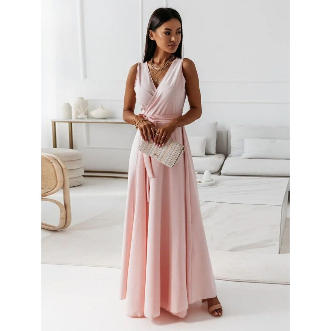 Woman wearing the Maia women's v-neck elegant dress, front view