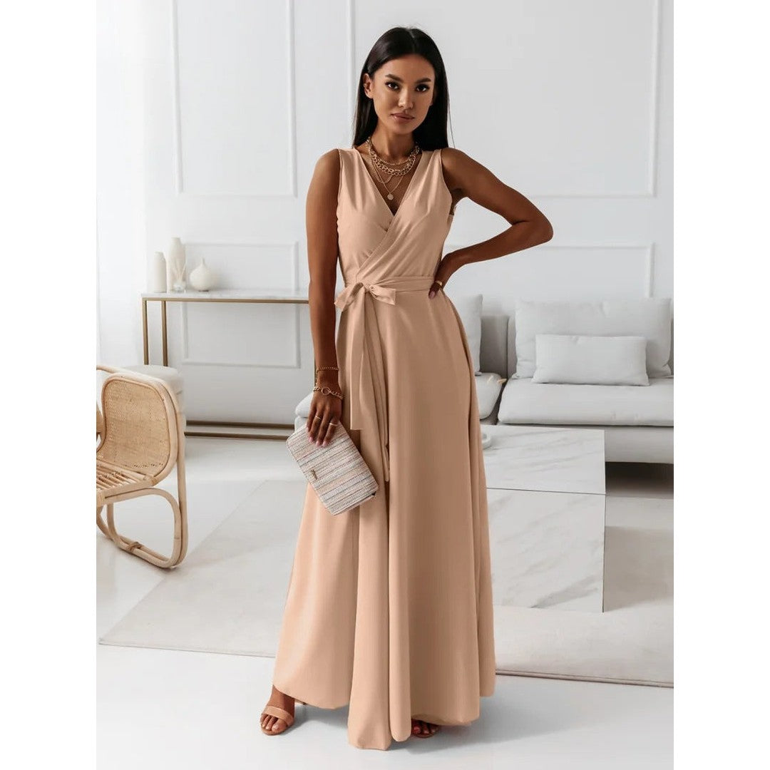 Woman wearing the Maia women's v-neck elegant dress, model view