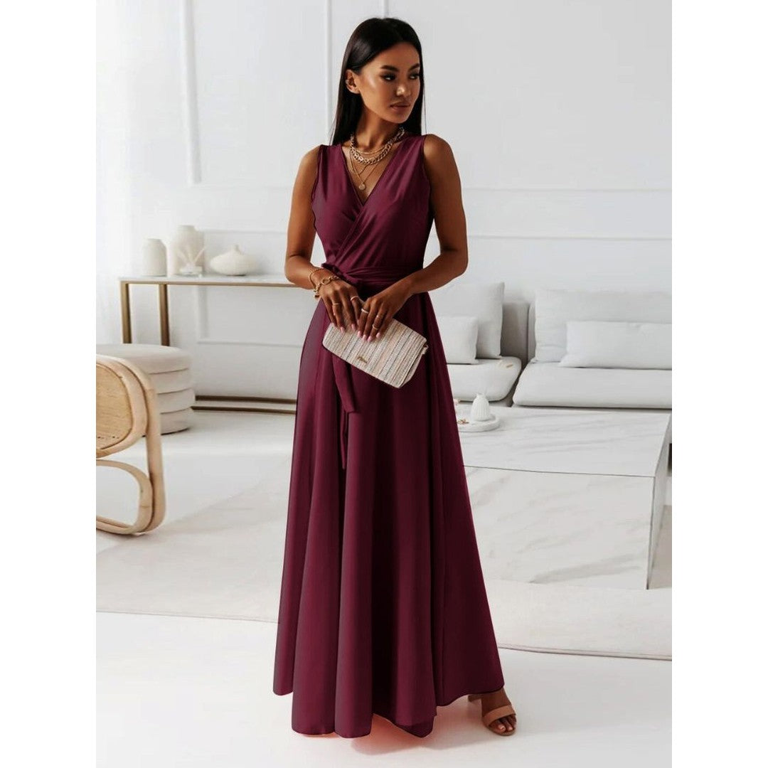 Woman wearing the Maia women's v-neck elegant dress, side view