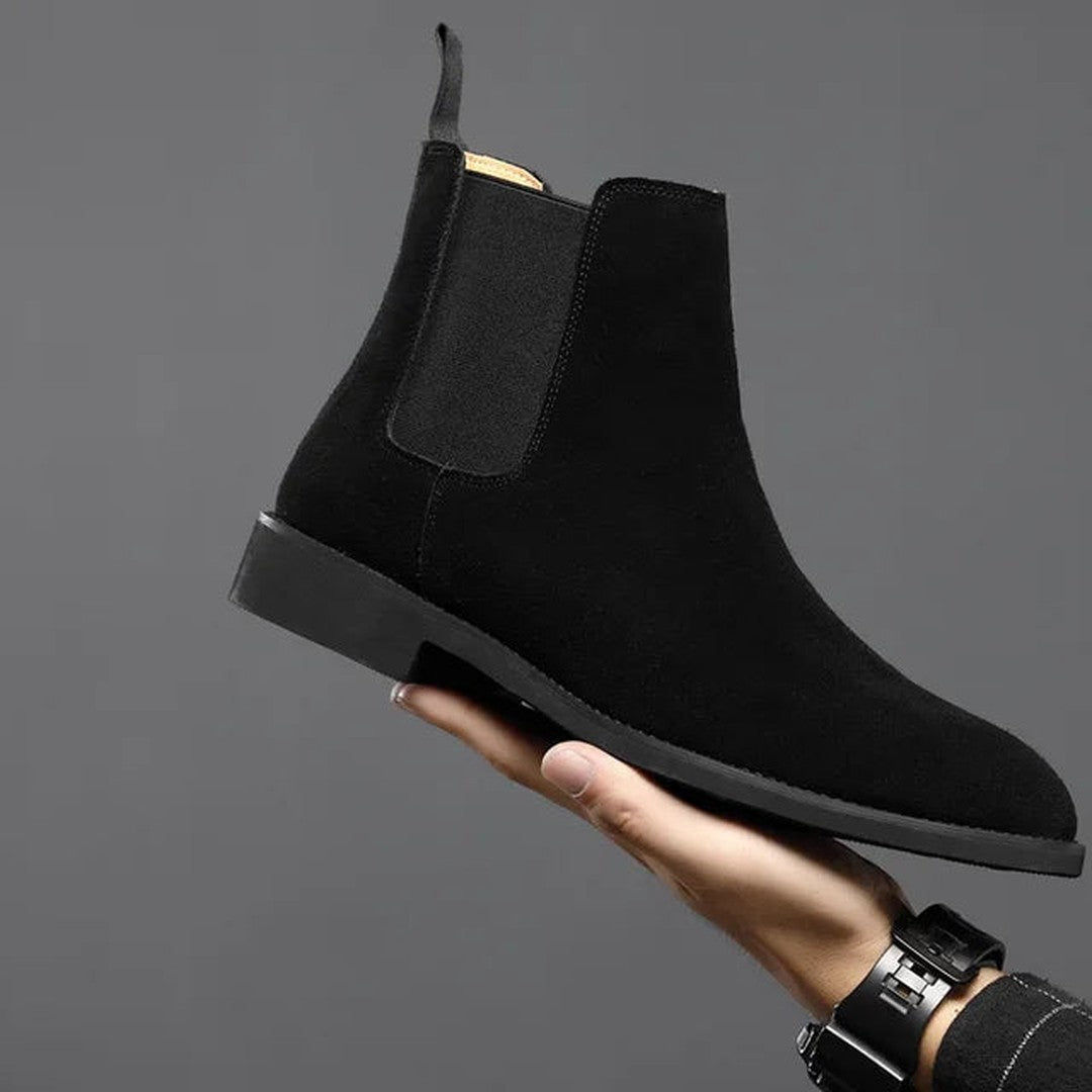 Man wearing the Marcel men's suede boots, flatlay view