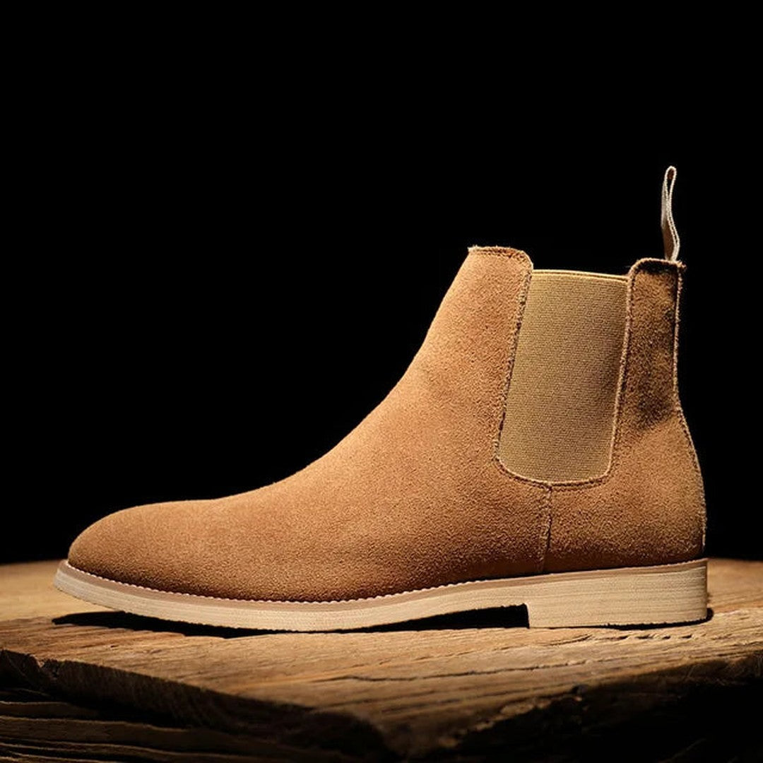 Man wearing the Marcel men's suede boots, side view