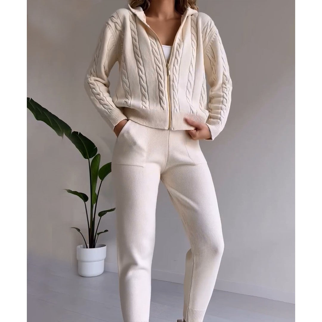 Woman wearing the Marisol women's knit sweater, flatlay view