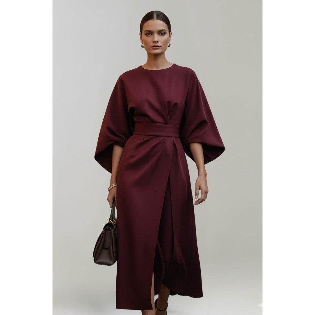 Woman wearing the Mathilda women's midi dress, model view