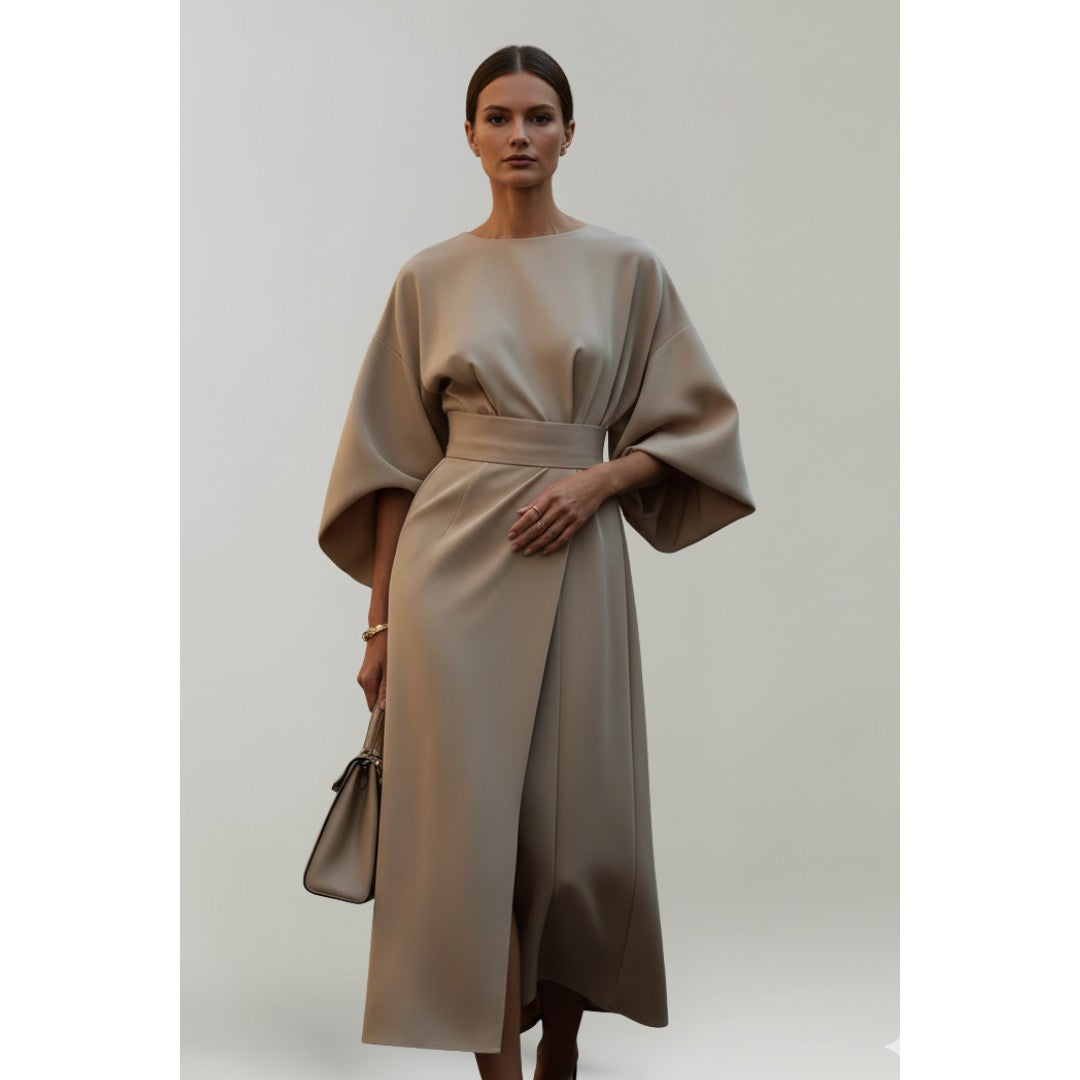 Woman wearing the Mathilda women's midi dress, side view