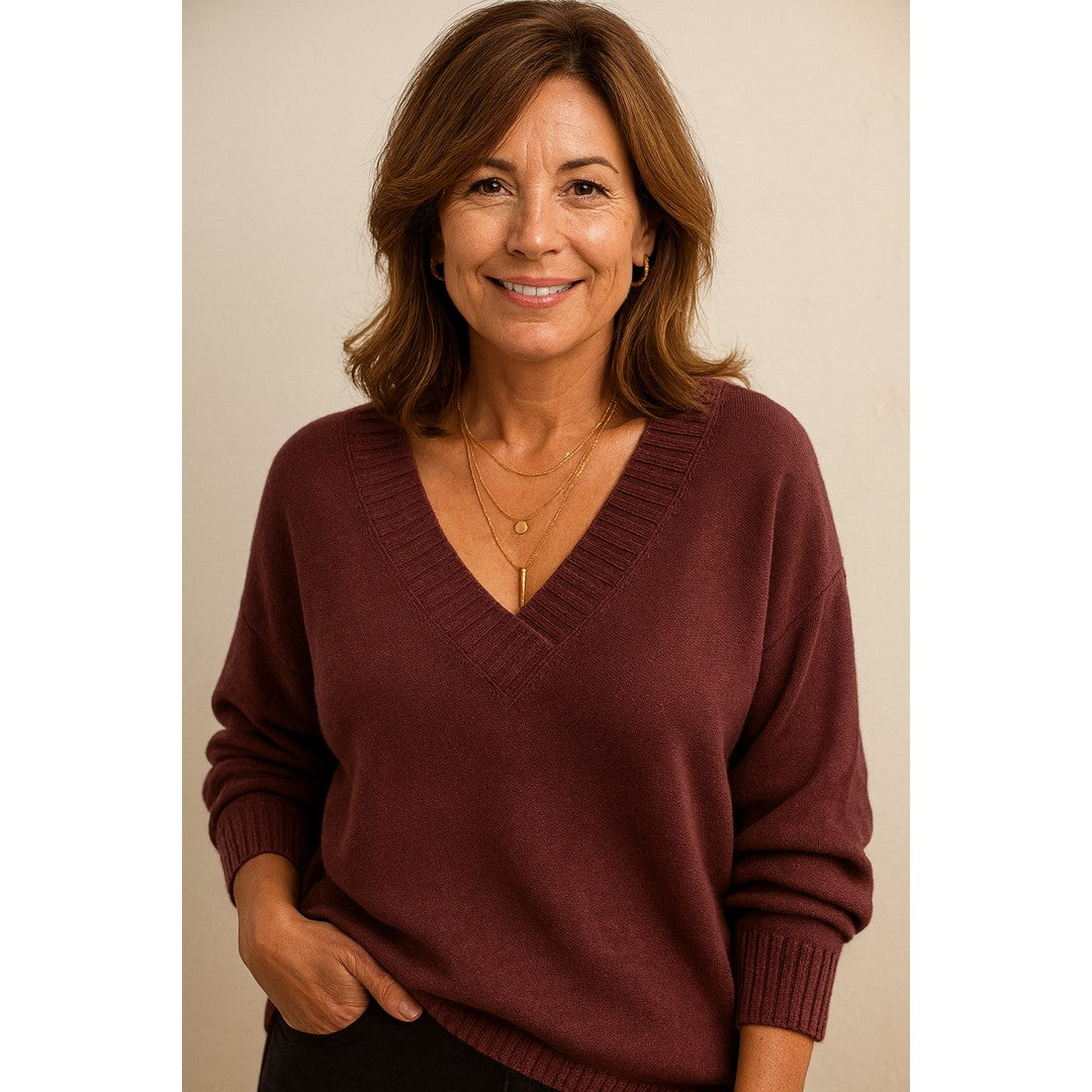 Woman wearing the Mavis women's v-neck long-sleeve sweater, 17 view