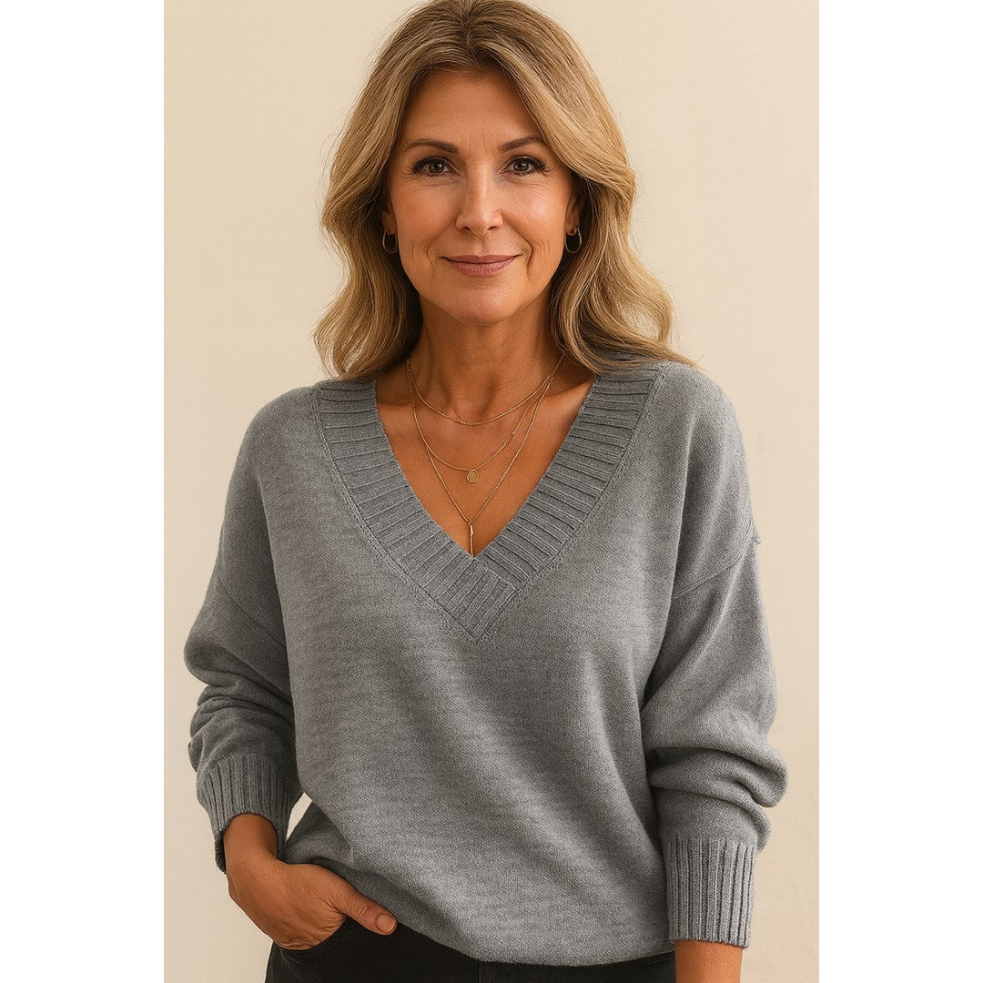 Woman wearing the Mavis women's v-neck long-sleeve sweater, 9 view