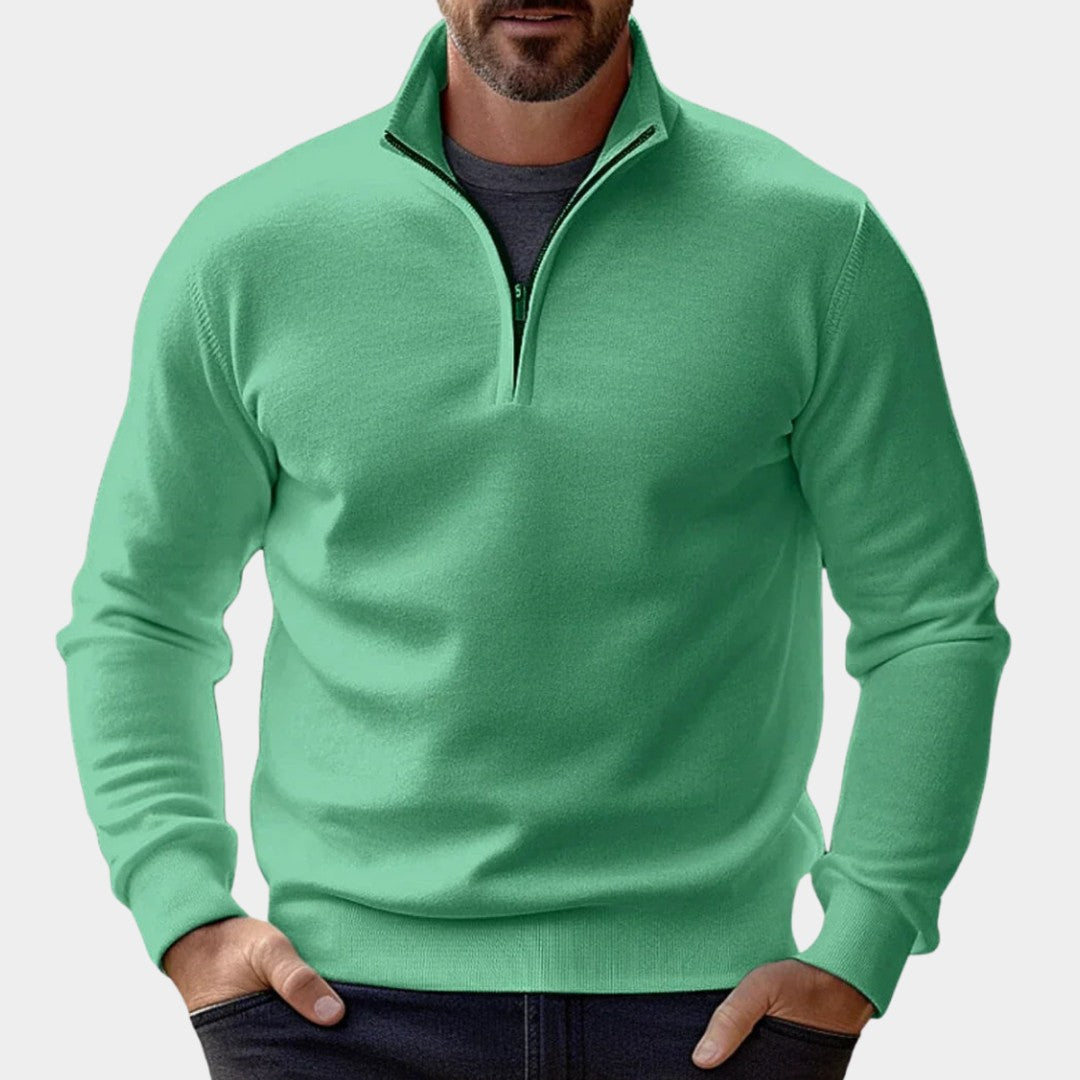 Man wearing the Maxim men's zip-up sweater, flatlay view