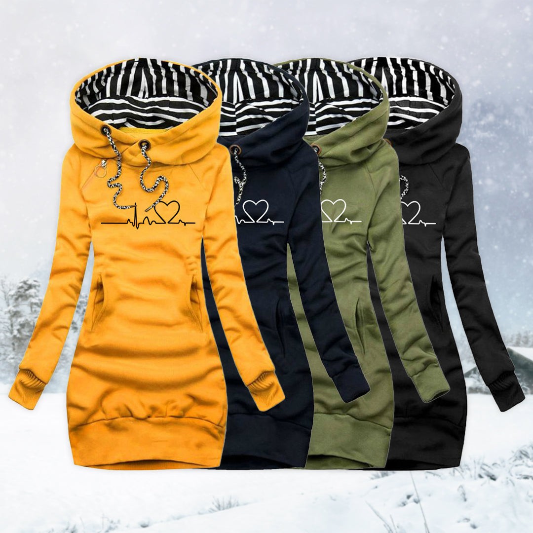 Woman wearing the Meridian women's printed sweater, flatlay view