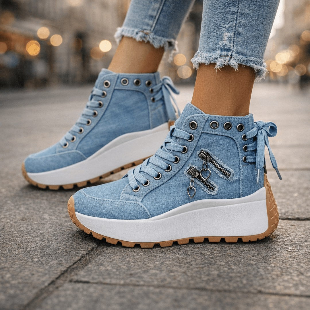 Woman wearing the Micaela women's lace shoes, side view