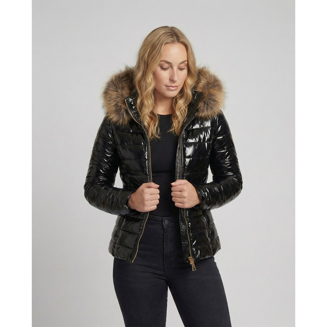 Woman wearing the Mona women's hooded coat, front view