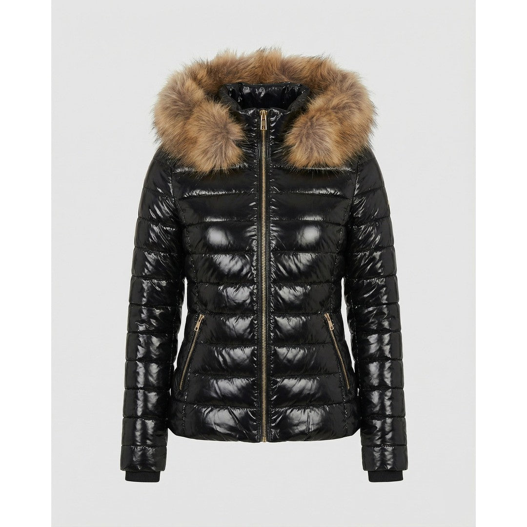 Woman wearing the Mona women's hooded coat, side view