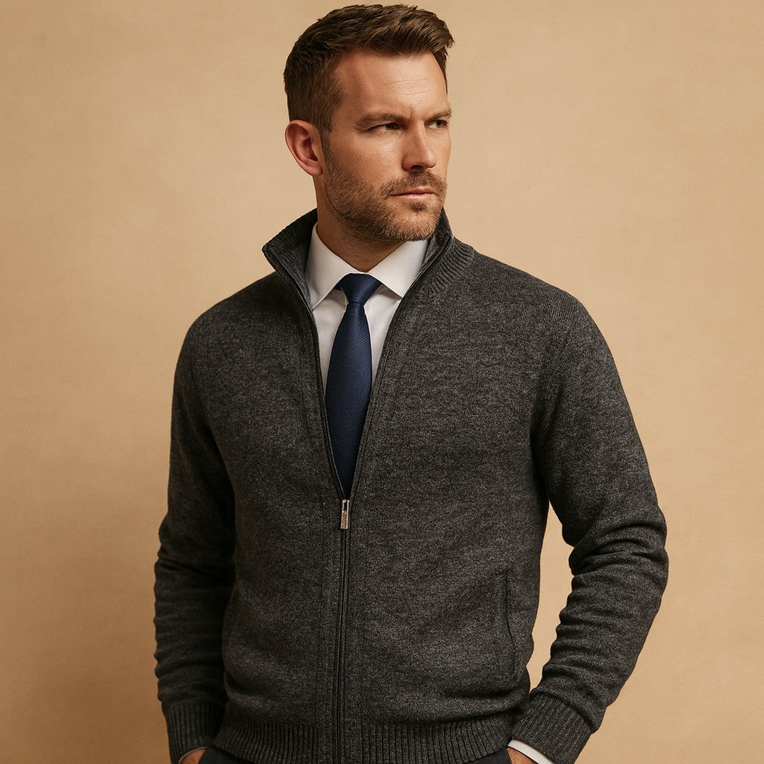 Man wearing the Montague men's casual knit classic cardigan, back view