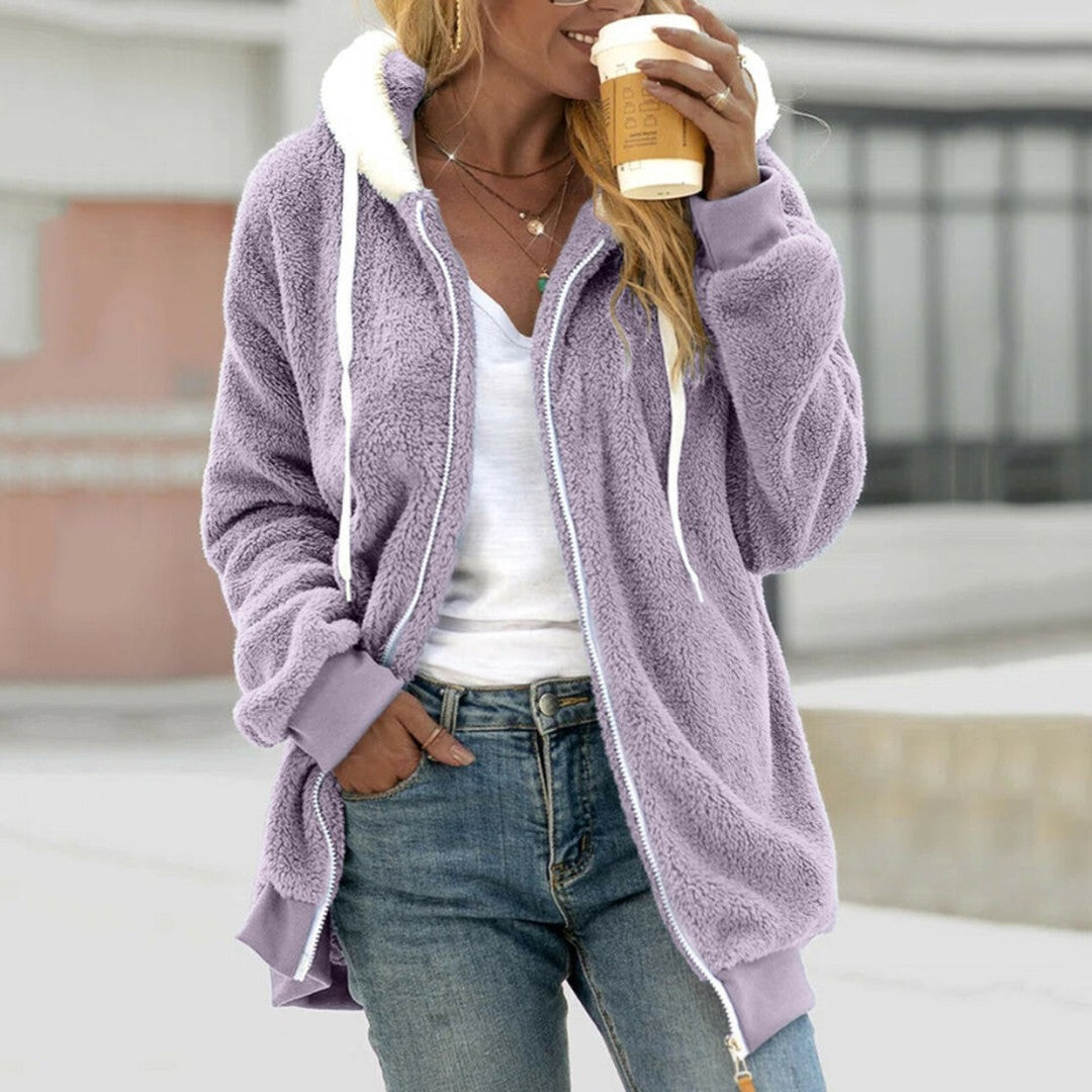 Woman wearing the Nadia women's hooded fleece zip-up hoodie, model view