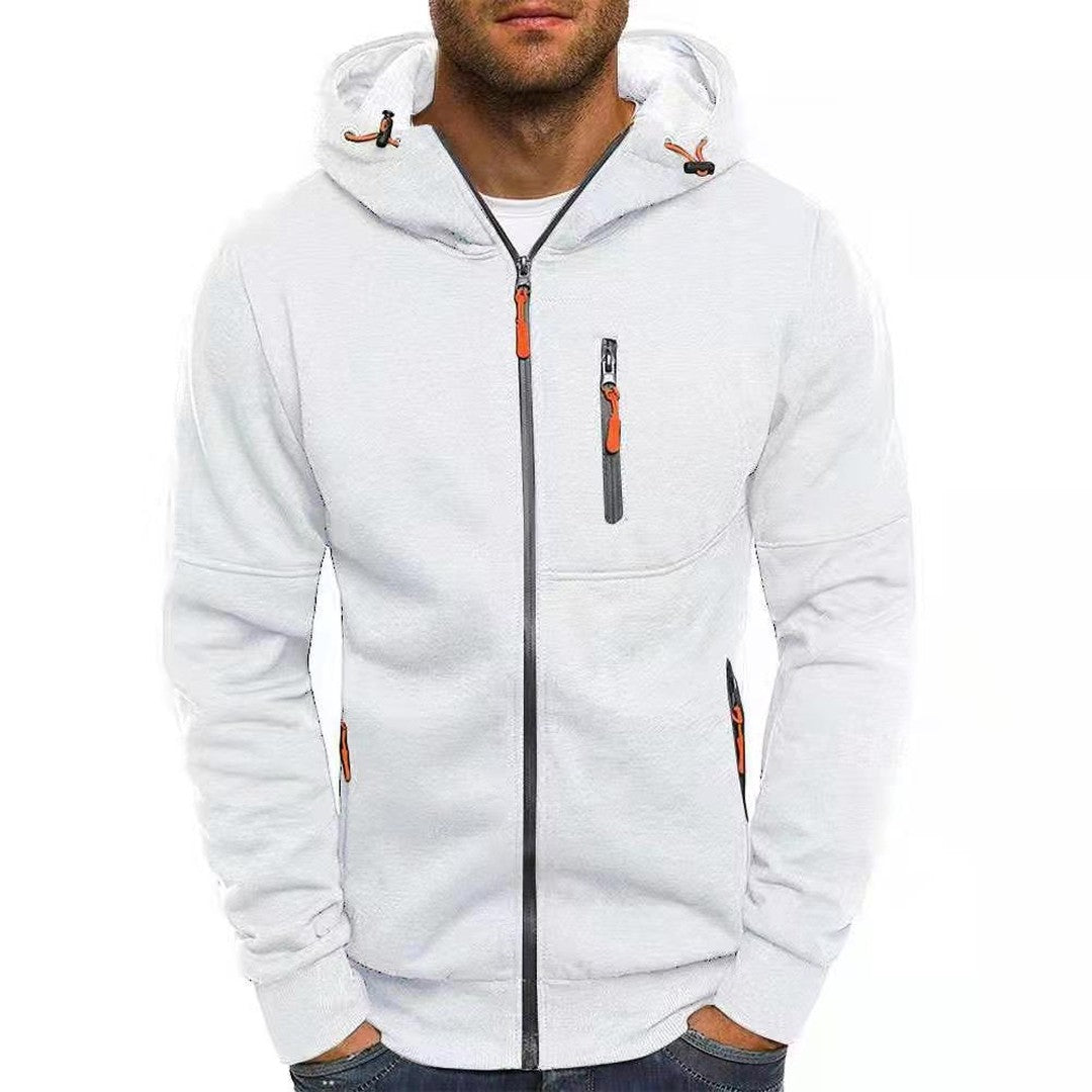 Man wearing the Nash men's hooded fleece cardigan, detail view