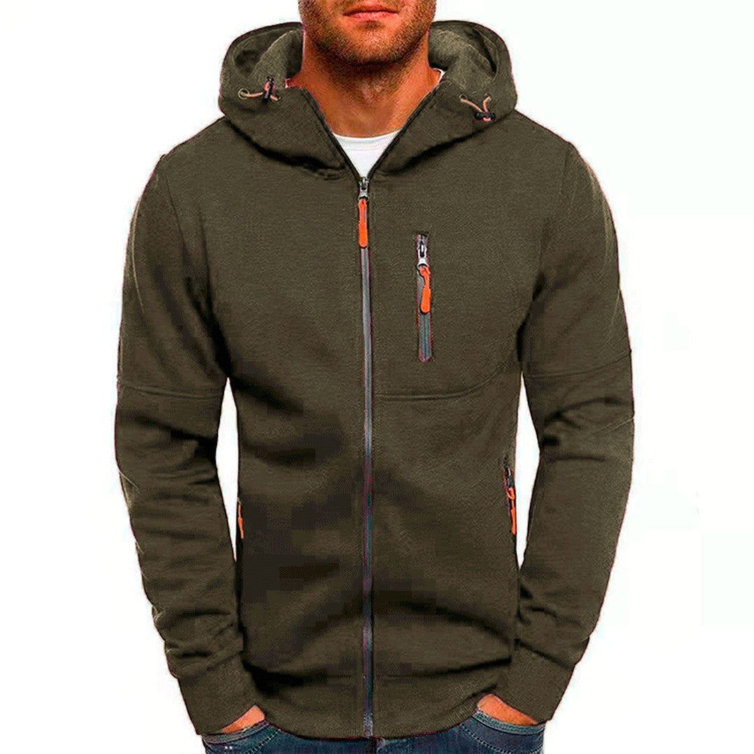 Man wearing the Nash men's hooded fleece cardigan, flatlay view