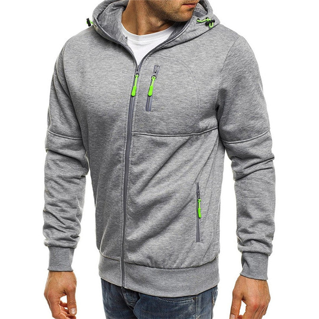 Man wearing the Nash men's hooded fleece cardigan, side view