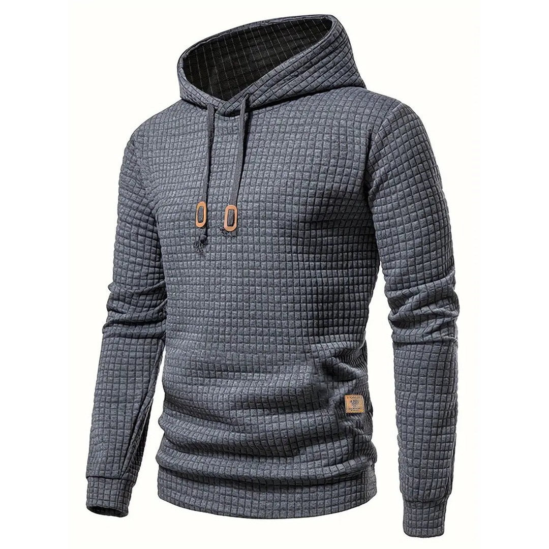 Man wearing the Nikolai men's casual hooded streetwear sweatshirt, back view
