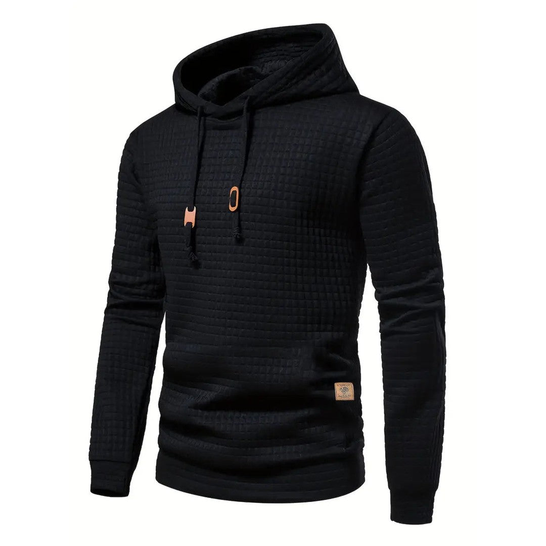 Man wearing the Nikolai men's casual hooded streetwear sweatshirt, side view