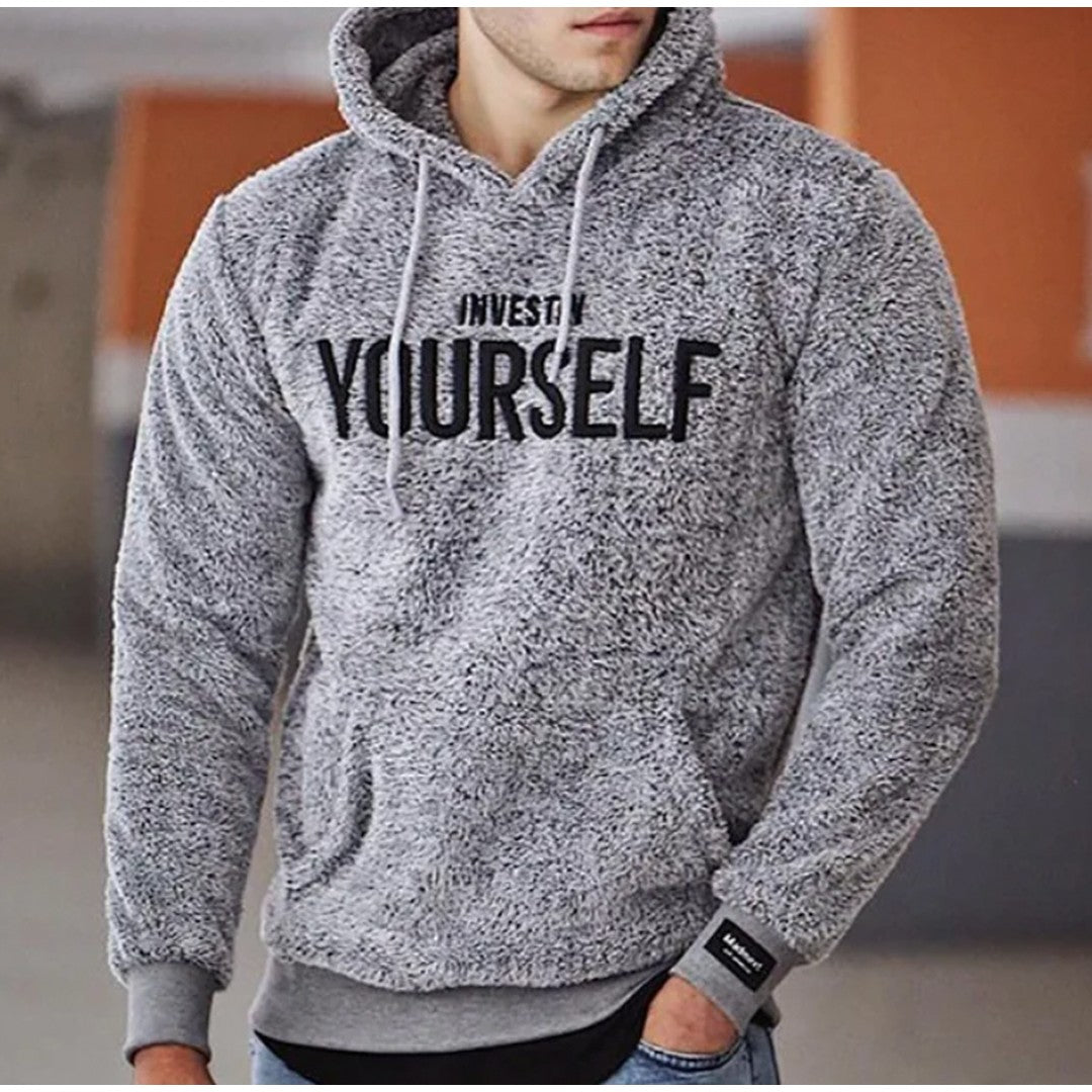 Man wearing the Nikolas men's hooded hoodie, detail view