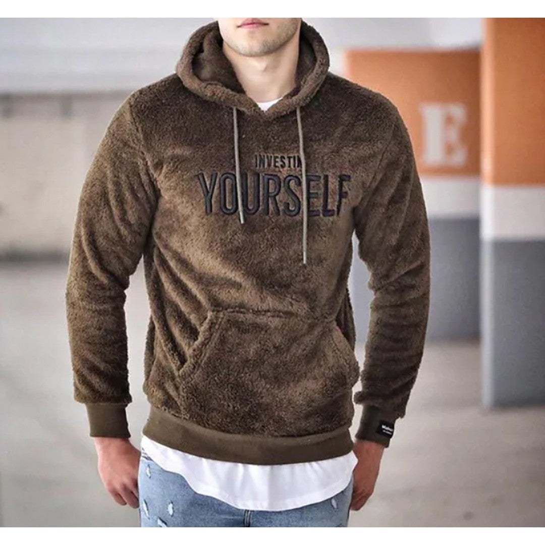 Man wearing the Nikolas men's hooded hoodie, model view