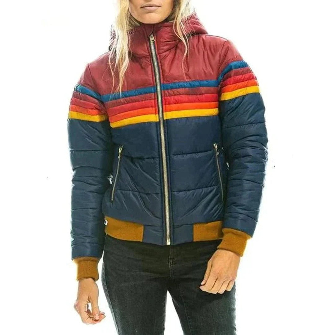 Woman wearing the Noor women's jacket, flatlay view
