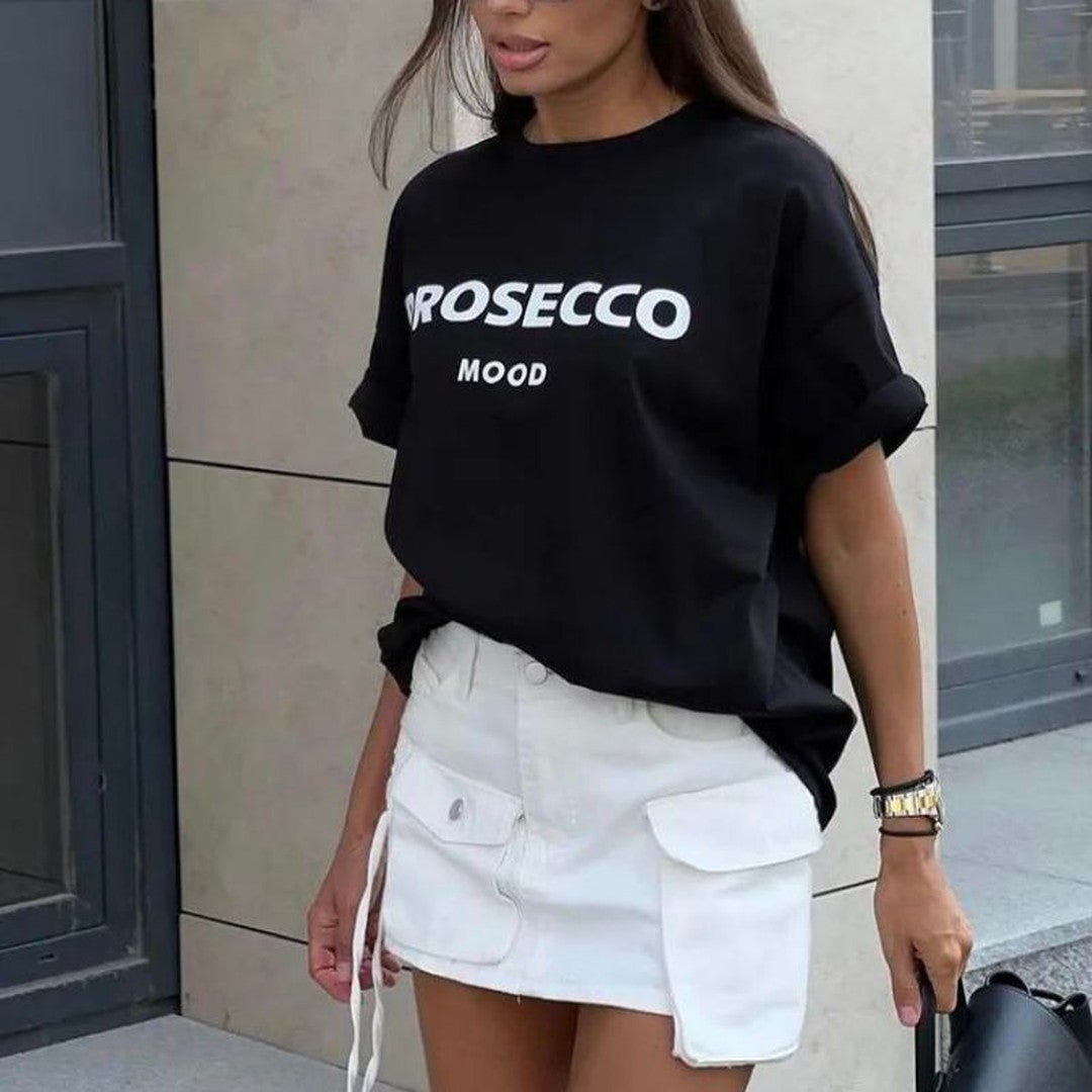Woman wearing the Nova women's t-shirt, detail view