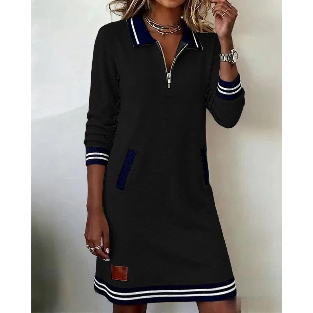 Woman wearing the Octavia women's chic dress, flatlay view
