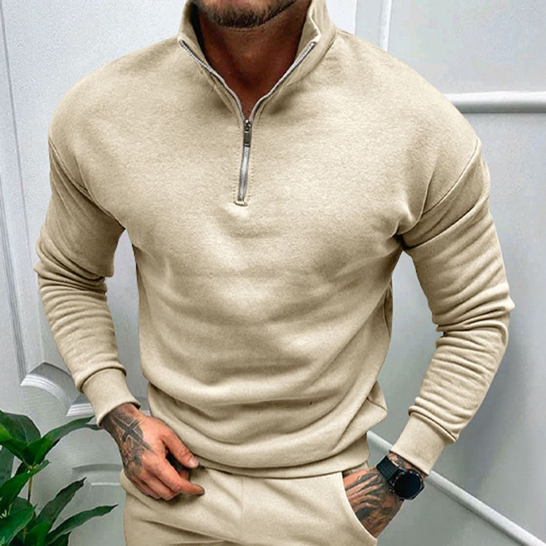 Man wearing the Octavian men's zip-up sweater, flatlay view