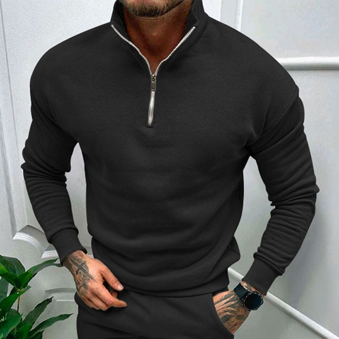 Man wearing the Octavian men's zip-up sweater, model view