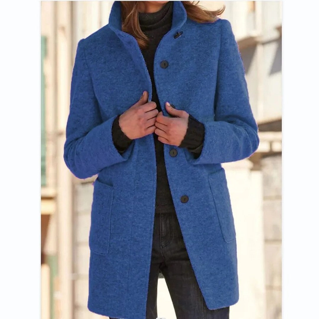 Woman wearing the Oona women's wool elegant coat, back view