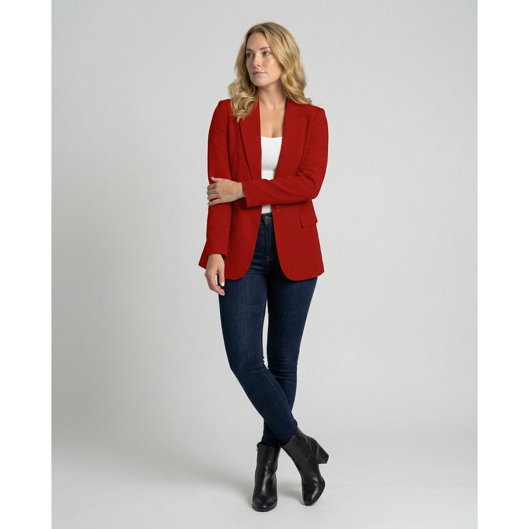 Woman wearing the Ophelia women's elegant blazer, flatlay view