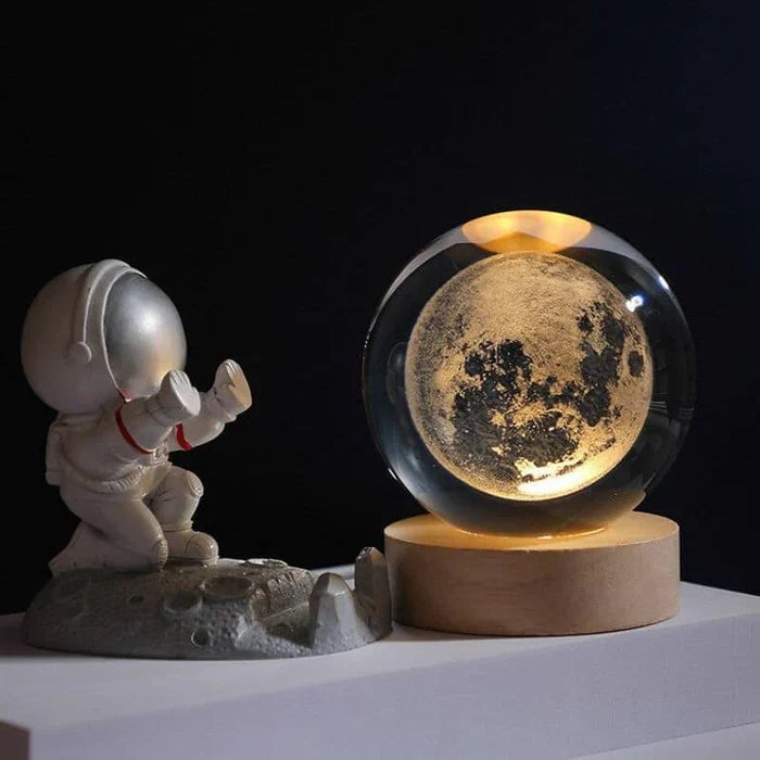 3D engraved glass galaxy sphere night light on a wooden base - product photo 1