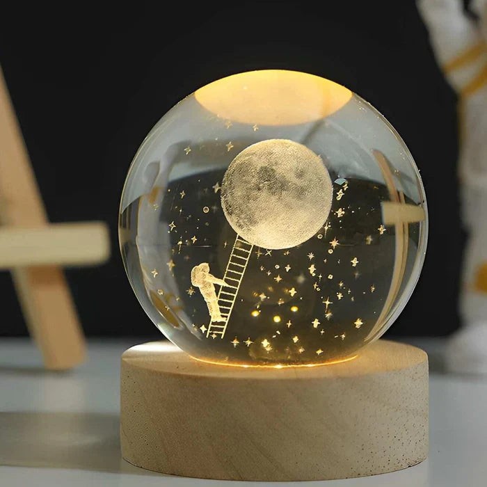 3D engraved glass galaxy sphere night light on a wooden base - product photo 11